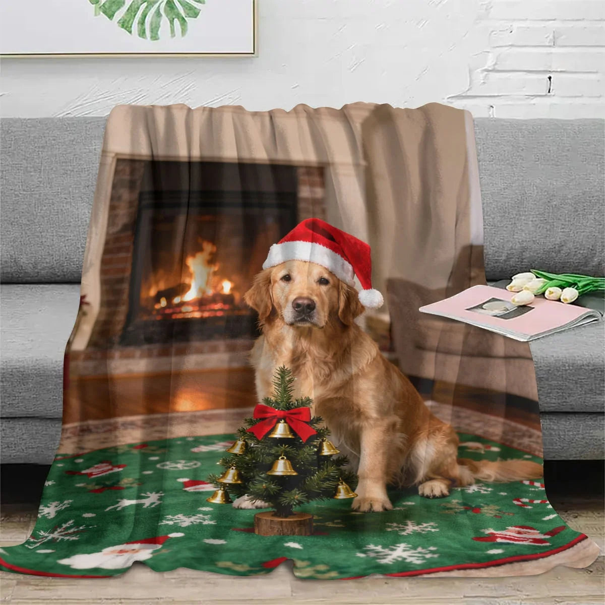 Manta personalizada con la foto de un perro sobre el sofá